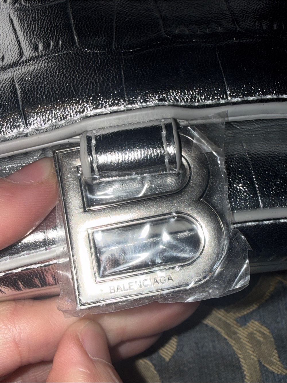 Designer Inspired Silver Croc-Embossed Top Handle Bag - Picture 9 of 9